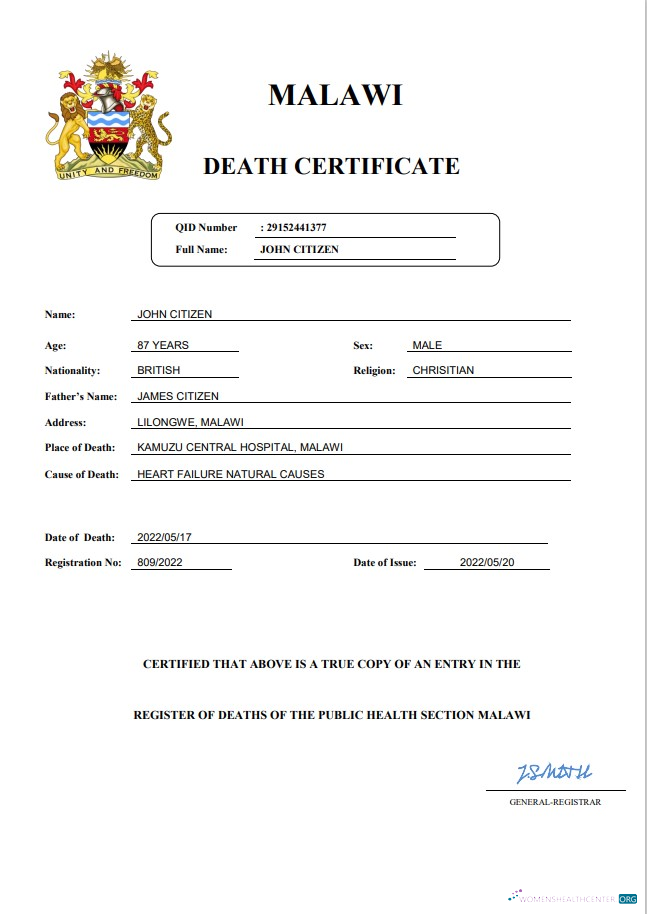 Download Malawi vital record death certificate Word and PDF template Photoshop template